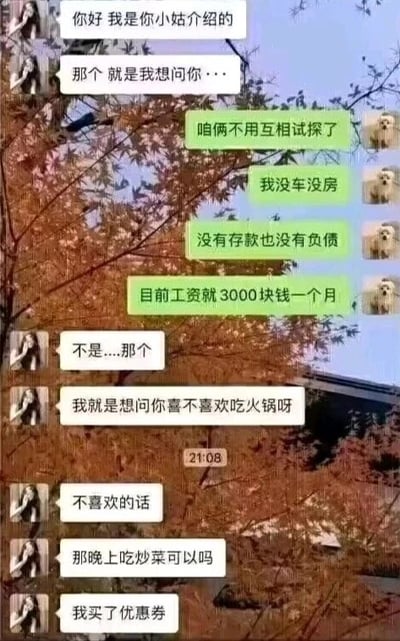 这是一张微信风格的聊天记录截图，记录了小姑介绍的相亲对象之间的对话。对话开头，女方刚表明自己是小姑介绍的，刚开口想问事情，男方就立刻误以为对方要打探自己的经济条件，直接坦诚自己没车没房、没有存款也没有负债，月薪仅3000元，试图跳过互相试探的环节。但实际上女方只是单纯询问男方是否喜欢吃火锅，还贴心地说如果不喜欢吃火锅，吃炒菜也可以，并且已经买好了优惠券。整个对话因为男方的过度敏感产生了搞笑的误会，既调侃了当代相亲场景中人们对经济条件话题的普遍焦虑与防备，也展现了女方的贴心与纯粹，充满了趣味。