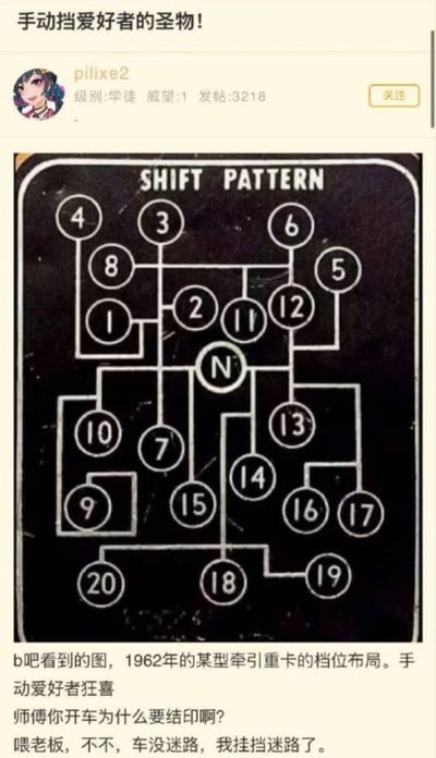 社交媒体用户pilixe2分享了一张1962年某型牵引重卡的档位布局图，图中黑色背景上用白色线条和数字标注了20个档位的换挡路径，标题为“SHIFT PATTERN”。配文称其为“手动挡爱好者的圣物”，并调侃这种复杂布局换挡时像“结印”，还幽默地表示“挂挡迷路了”。整体内容以搞笑调侃的语气展现了老式重卡复杂的手动挡设计，引发手动挡爱好者的共鸣与笑点。