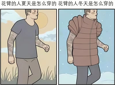 左右对比图展示花臂人士的季节穿搭差异：左侧夏季场景中，人物穿着灰色短袖T恤，露出布满花纹的手臂，背景有太阳和草地；右侧冬季场景中，人物穿着棕色无袖羽绒马甲，依然露出花臂，背景有雪花飘落。通过夸张对比幽默展现花臂人士即使在冬天也坚持露出纹身的穿搭特点。