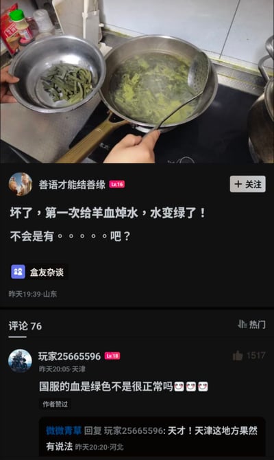 这张图是国内社区的帖子截图，分为上下两部分：上半部分是厨房实拍场景，燃气灶上的锅里装着被染成绿色的水，有人正拿着漏勺准备捞取食材，另一手拿着的不锈钢盆里装着焯好的绿色贡菜段，实际是贡菜掉色把煮水染绿，发帖人误以为是正在焯水的羊血导致的。下半部分是帖子内容及评论：发帖人ID为“善语才能结善缘”，配文称自己第一次给羊血焯水发现水变绿，担忧食材有问题。下方热门评论玩梗调侃“国服的血是绿色不是很正常吗”，还配上了笑脸表情，该评论获得了1517个赞，还有其他用户回复夸赞这条评论脑洞大很有梗，该梗来源于国内游戏审核要求将游戏中的血液颜色调整为绿色的相关规定。