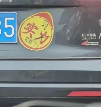 图片展示了一辆汽车的尾部局部，左侧可见蓝色车牌边缘（显示数字“35”）。车牌右侧贴有一枚黄色椭圆形贴纸，贴纸边缘为红色，原本印有红色“实力”二字，但被黑色斜线划掉，下方手写体小字标注“买错了！”。汽车尾部右侧有“星越L”及“GEELY”的品牌标识。贴纸通过将“实力”划掉并改为“买错了”，形成幽默反差，调侃购车后的自嘲心态，充满生活趣味。