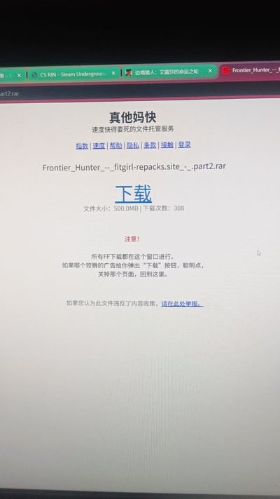浏览器屏幕截图展示了一个文件下载页面，标题为“真他妈快 速度快得要死的文件托管服务”。页面中央显示文件名为“Frontier_Hunter_--_fitgirl-repacks.site_--_part2.rar”，大小500.0MB，下载次数308次，并有蓝色“下载”按钮。下方有警告提示：“所有FF下载都在这个窗口进行。如果哪个狡猾的广告给你弹出‘下载’按钮，聪明点，关掉那个页面，回到这里。” 浏览器顶部有多个标签页，包括“CS.RIN - Steam Underground”和“边境猎人：艾拉的命运之轮”。
