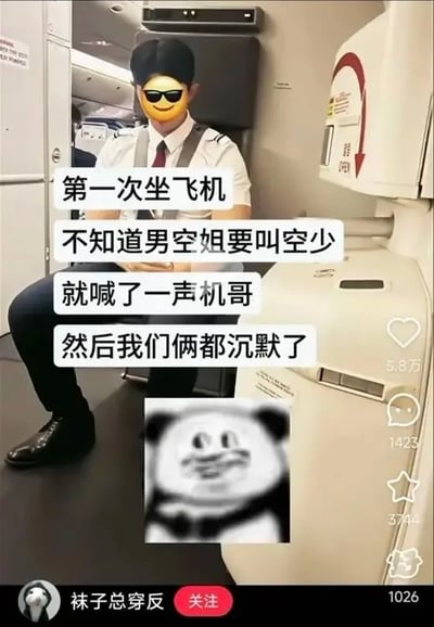 这是一张吐槽航空出行时社死经历的搞笑梗图，属于短视频平台的内容截图。画面主体是飞机客舱内，一名身着空少制服的男性坐在座位上，他的脸部被替换为佩戴墨镜的微笑小黄脸emoji。图上叠加了四行白色背景的文字，讲述了发布者的趣事：第一次坐飞机不知道男性空乘的正确称呼是空少，误喊对方为“机哥”，喊完之后双方都陷入了尴尬的沉默。图片下方还搭配了一张表情僵硬尴尬的黑白熊猫头表情包，进一步烘托了社死的搞笑氛围。截图右侧保留了短视频平台的点赞、评论、收藏、转发互动数据，底部显示发布者账号名为“袜子总穿反”，还有对应的关注按钮。