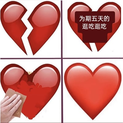 这是一张四格连环卡通meme图，以红色emoji爱心的状态变化来具象化情绪治愈的过程：第一格展示完全破碎的红色爱心，象征低落、受伤的负面情绪；第二格在爱心裂痕处放置写有'为期五天的逛吃逛吃'的深色文字块，暗示用长时间的逛街与美食来填补情绪空缺；第三格中一只手拿着贴纸类物品贴补爱心裂痕，呈现修复的动作；第四格是完全恢复完整的红色爱心，代表负面情绪被治愈，心情重回完好。整图用轻松诙谐的视觉方式，传递了'逛吃能够治愈坏心情'的大众生活共识，贴近日常情绪表达。
