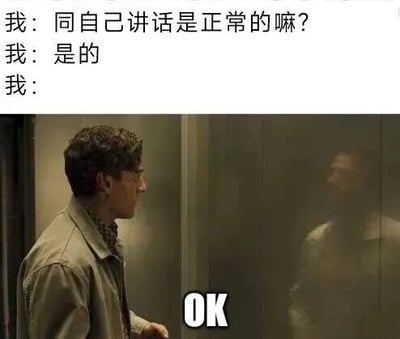 图片上方为三行自我对话文字：“我：同自己讲话是正常的嘛？ 我：是的 我：”，下方是一名男子站在电梯内，正注视着镜面中自己的倒影，镜面下方有白色“OK”字样。整体通过文字与画面结合，幽默地表现了人们自言自语时自我安慰、合理化行为的场景，用镜中倒影暗示“对话对象”，形成趣味反差。