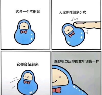 四格连环漫画，通过蓝色不倒翁的特性隐喻童年创伤。第一格：蓝色不倒翁配文“这是一个不倒翁”；第二格：手指推倒不倒翁配文“无论你推倒多少次”；第三格：不倒翁重新站立配文“它都会站起来”；第四格：不倒翁特写配文“跟你极力压抑的童年创伤一样”。用不倒翁的 resilience 比喻童年创伤难以彻底压制的特性，带有黑色幽默。