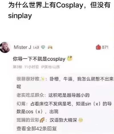 这是一张国内论坛的帖子截图，楼主提出疑问“为什么世界上有Cosplay，但没有sinplay”，用户Mister J给出了神回复“你导一下不就是cosplay”，该回复结合了高等数学中的微积分知识——正弦函数sinx的导数为余弦函数cosx，将“求导”这一数学操作与Cosplay的名称相结合，巧妙解答了楼主的问题。下方楼层的网友纷纷对这个回复表示惊叹与调侃，比如“卧槽，牛逼，我怎么就想不出来呢”“占着床位不发病是吧，知道sin（x）的导数是cos（x），出院”等，整体呈现出网友在论坛中玩ACG文化与数学知识结合的搞笑互动场景。

双关说明：此梗属于知识类巧梗，利用数学导数的知识点，将sin与cos的函数关系和Cosplay的名称关联，形成了意料之外又在情理之中的搞笑回复。