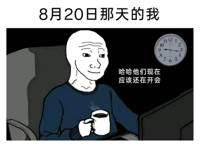 这是一张基于Wojak梗图模板改编的职场主题搞笑图，顶部文字明确标注场景为“8月20日那天的我”。画面主体是经典的Wojak卡通形象，他身着深蓝色毛衣，手持一杯冒着热气的咖啡，正坐在电脑前，脸上带着幸灾乐祸的微笑；画面右侧的挂钟显示时间约为9点16分，旁边配文“哈哈他们现在应该还在开会”。整幅图通过对比自己的悠闲摸鱼状态和他人被困在会议中的场景，精准传递出职场人逃避冗长无效会议时的窃喜，戳中了职场人对低效会议的普遍吐槽，用幽默的方式表达了职场摸鱼的快乐。