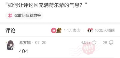 这是一张社交媒体平台的静态截图，属于问答类内容。页面顶部是用户提出的问题“如何让评论区充满荷尔蒙的气息？”，并附带话题标签“#你敢问我就敢答”。评论区中，用户“希罗娜”以网页错误码“404”作为回复，该评论获得了4.5万点赞，被平台标记为“神评”，同时页面还显示有1.4万表态、1005人插眼的互动数据。这里的“404”借用了网页404“请求资源未找到”的含义，调侃无法找到让评论区充满荷尔蒙气息的有效方法，是一种利用网络热梗的趣味回应。