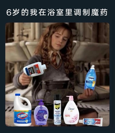 这是一张经过二次创作的搞笑梗图，核心内容是用《哈利·波特》电影中赫敏认真调配魔药的经典场景，将原本的魔药材料替换成了一系列日常洗护清洁用品，包括埃尔默学校胶水、Dawn洗洁精、高乐氏漂白剂、Softsoap薰衣草洗手液、雷达杀虫喷雾、多芬沐浴露、佳洁士牙膏。图上方配文“6岁的我在浴室里调制魔药”，用赫敏专注的神态和动作，精准调侃了童年时期把浴室里的各类洗护清洁用品混在一起玩耍，仿佛在制作魔法药剂的调皮经历，充满怀旧感与幽默，能唤起大众对相似童年趣事的共鸣。