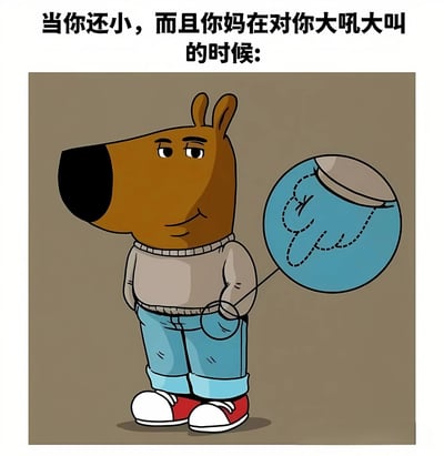 图片上方配有文字“当你还小，而且你妈在对你大吼大叫的时候：”，下方是一个卡通狗形象。这只狗有着棕色的头部、黑色的鼻子，穿着灰色毛衣、蓝色卷边牛仔裤和红白相间的运动鞋，表情平静地站立着，右手插在裤袋里，左手拿着一个蓝色气球，气球上用虚线画着类似“呜呜”的模糊声音符号，形象地表现出小时候面对妈妈吼叫时充耳不闻、内心毫无波澜的状态。