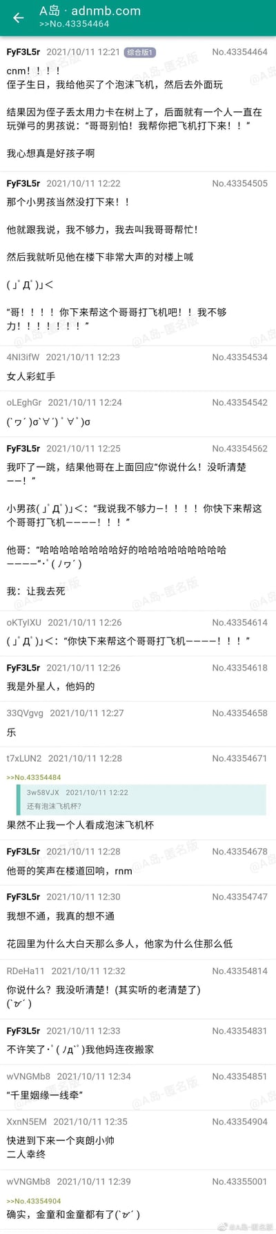 这是A岛匿名版的一篇社死经历帖子，楼主为侄子购买的泡沫飞机被卡在树上，一位热心玩弹弓的小男孩主动提出帮忙打下飞机，却没能成功。小男孩随后大声呼喊楼上的哥哥，让哥哥下来“帮这个哥哥打飞机”，由于“打飞机”在中文里存在低俗双关含义，楼主瞬间陷入社死的尴尬境地。男孩哥哥听到后爆笑回应，楼主在帖子里接连表达了自己的社死崩溃心情，楼内其他匿名网友也纷纷玩梗，有人将“泡沫飞机”误看成“泡沫飞机杯”，还有人脑补后续搞笑剧情，整个帖子充满了因双关梗带来的搞笑社死氛围。