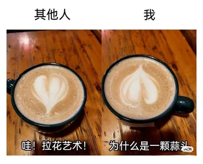 这是一张左右分栏的对比类静态图，通过对比“其他人”和“我”的咖啡拉花效果制造幽默反差。左侧画面中，深色杯装咖啡的表面是标准的爱心形状拉花，上方标注“其他人”，下方配文“哇！拉花艺术！”，传递出对精美拉花的赞叹；右侧画面里，同款杯子的咖啡拉花形状神似一颗蒜头，上方标注“我”，下方配文“为什么是一颗蒜头”，表达出对自己拉花失败的无奈与自嘲。图片右下角带有“小红书”水印，整体内容调侃了新手制作咖啡拉花时容易出现的翻车状况，容易引发有类似经历的网友共鸣。