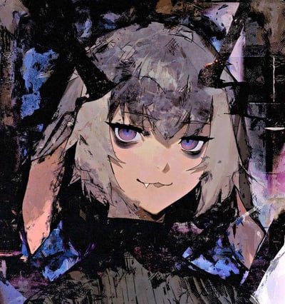 这是一幅采用粗犷厚涂笔触创作的《明日方舟》角色阿米娅的同人插画，角色以黑化狡黠的形象呈现：浅灰兔耳短发搭配头顶的深色角状装饰，紫紫色眼眸锐利有神，嘴角露出小尖牙，带着腹黑的坏笑表情。背景为暗沉的紫黑混合色调，笔触充满力量感，整体氛围酷感十足，将角色的叛逆腹黑气质拉满。