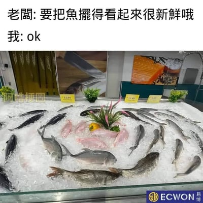 这是一张搞笑职场类梗图，采用顶配底文的形式，顶部配文为老板的要求“要把鱼摆得看起来很新鲜哦”，紧接着是员工的回应“我：ok”；下方配图是超市的水产售卖冰台，冰面上摆放的各类冻鱼没有常规地平放，而是全部被立了起来，姿态仿佛正在水中游动，看起来充满活力，用这种夸张又贴合要求的摆法来回应老板的要求，充满诙谐感，讽刺了打工人机械执行上级要求的糊弄状态。