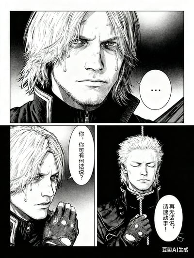 三格黑白漫画风格的AI生成图，展现了苦命鸳鸯梗的经典对话场景。上格为金发男子特写，泪水从眼角滑落，表情悲伤，配文'...'；左下格男子低头垂泪，双手交握，询问'你，你可有何话说？'；右下格另一金发男子闭目决绝，手持绳索，回应'再无话说，请速动手！'。