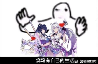 图片中央是两位身着华丽服饰、手持武器的动漫风格女性角色，左侧角色为深蓝色长发，右侧角色为银白色长发，两人姿态挺拔。背景中有一个模糊的幽灵状简笔画形象，双手摊开呈无奈状。图片底部配有文字“烧鸡有自己的生活”，结合幽灵的姿态，形成幽默的反差效果，右下角有水印“@谢菜菜吧”。