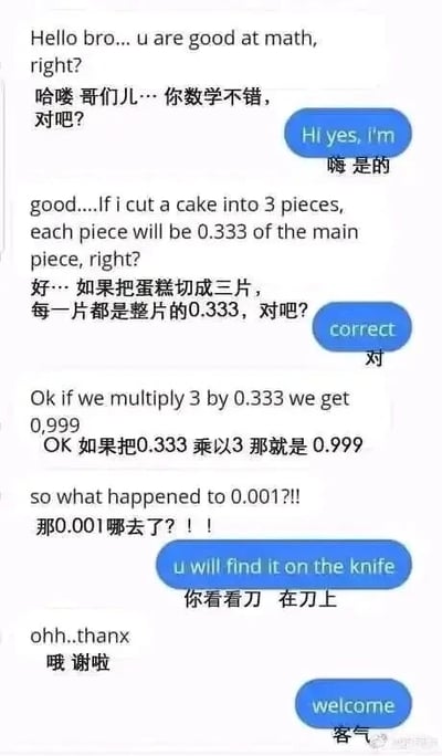 这是一张单张静态的聊天记录截图，采用中英双语对照的对话形式。对话中，一方以切蛋糕的生活化场景引出数学问题：将蛋糕切成3片，认为每片是整体的0.333，3乘以0.333得到0.999，进而疑惑缺失的0.001去向何处。另一方没有从纯数学角度解释无限循环小数的概念，而是用幽默的生活化回答“你看看刀 在刀上”，调侃那0.001是切蛋糕时粘在刀上了，用玩笑化解了这个看似矛盾的数学问题，充满趣味性。实际上从数学角度来说，1/3是0.333……无限循环，3乘以0.333……的结果是1，而非0.999，这里的0.333是对无限循环小数的近似取值才造成了看似的矛盾。