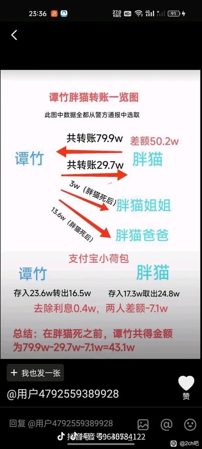 这张图是基于警方通报数据制作的谭竹与胖猫之间的转账金额梳理图，以箭头+文字的直观形式呈现双方资金往来：胖猫累计向谭竹转账79.9万元，谭竹累计向胖猫转账29.7万元，资金差额为50.2万元；同时标注了胖猫去世后，谭竹向胖猫姐姐转账3万、向胖猫爸爸转账13.6万的情况。此外还统计了两人支付宝小荷包的资金出入：谭竹存入23.6w转出16.5w，胖猫存入17.3w取出24.8w，去除0.4w利息后两人差额为-7.1w，最终总结出胖猫去世前谭竹共获得43.1万元。图中所有数据均来自警方通报，清晰呈现了双方的资金流向差异。