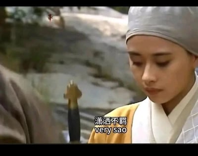 这是一张经过二次创作的影视截图，画面出自2001版《笑傲江湖》，图中角色是恒山派的小尼姑仪琳，她身着黄白配色的尼姑服饰，头戴浅灰色僧帽，正低头看向画面下方，神情低落腼腆，符合她在原剧中温柔内向的人设。图中被添加了“潇洒不羁 very sao”的字幕，利用英文“sao”与中文“骚”的谐音，和仪琳原本温婉腼腆的形象形成强烈反差，制造出荒诞搞笑的幽默效果，属于玩谐音梗的搞笑创作内容。