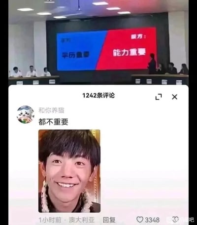 这张图片是由两部分内容拼接而成的趣味梗图。上半部分呈现的是一场正式辩论赛的现场：背景的大屏幕被分为红蓝两个区域，蓝色区域代表正方，标注文字“学历重要”，红色区域代表反方，标注文字“能力重要”，台下坐着数名辩论相关人员，整体氛围严肃，围绕着学历与能力哪个更重要的经典议题展开讨论。下半部分是来自百度贴吧的社交媒体评论截图：评论区共有1242条评论，用户“和你养猫”发布了一条评论，内容为“都不重要”，并附带了藏族男孩丁真的照片，这条评论获得了3348个点赞，发布信息显示为1小时前、来自澳大利亚。这个梗的核心在于，丁真并非依靠高学历或出众的专业能力，而是凭借质朴阳光的外貌和意外走红的流量获得了大量关注与发展机会，和辩论赛探讨的传统成功路径形成强烈反差，以此调侃在当下的社会环境中，成功的路径并非只有学历和能力这两种，流量、颜值等因素也可能成为人生的突破口，用幽默的方式解构了传统的成功认知。