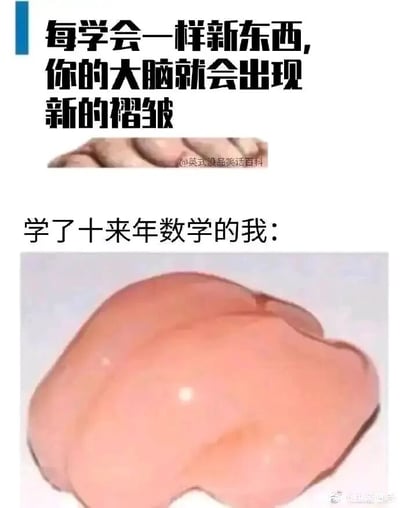 这是一张上下结构的搞笑对比梗图。上方部分配有文字“每学会一样新东西，你的大脑就会出现新的褶皱”，并搭配一张正常人类大脑的局部图片，依据的是“大脑褶皱越多代表越发达、学习能力越强”的普遍认知；下方部分配文“学了十来年数学的我：”，对应一张光滑平整、没有任何沟壑褶皱的类大脑形状的物体图片，用极度夸张的反差感，调侃数学学习难度高、耗费大量精力，仿佛把大脑的褶皱都“磨平”了，以此吐槽数学学习过程的痛苦和“摧残”，用反常识的比喻制造幽默效果，引发有过数学学习经历的人的共鸣。