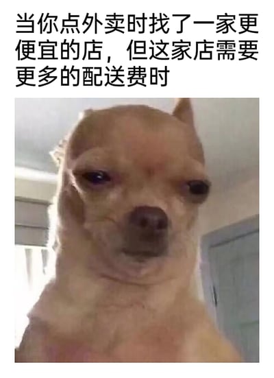 这是一张贴合日常消费场景的趣味表情包，上方配有文案“当你点外卖时找了一家更便宜的店，但这家店需要更多的配送费时”，下方是一只神情委屈、眼神幽怨的吉娃娃，它耷拉着眼皮，满脸郁闷的神态，精准还原了用户本想选低价外卖店省钱，却发现高额配送费让省钱计划落空的无奈、郁闷心情，能引发有类似经历的网友强烈共鸣。