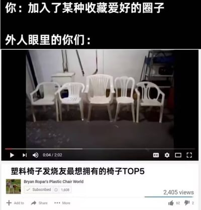 图片上方文字描述“你：加入了某种收藏爱好的圈子”和“外人眼里的你们：”，下方是一段视频截图，画面中五把白色塑料椅子整齐排列，视频播放器显示时长0:04/2:02，下方配有文字“塑料椅子发烧友最想拥有的椅子TOP5”，并标注频道名“Bryan Ropar's Plastic Chair World”（1608订阅，2405次观看）。整体通过反差幽默，调侃收藏爱好者的小众兴趣在外界眼中的“荒诞”形象——将普通塑料椅子视为珍贵藏品。