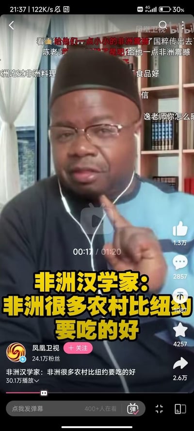 这是B站平台上凤凰卫视的一段连线直播视频截图，画面中的非洲汉学家戴着眼镜与白色耳机，表情认真严肃，伸出一根手指强调自己的观点。画面下方配有醒目的黄色字幕：“非洲汉学家：非洲很多农村比纽约要吃的好”，画面上方漂浮着B站观众发送的弹幕，内容包括“给他们一点小小的非洲震撼了国粹传出去”“给他一点非洲震撼”等，弹幕玩起了“小小的XX震撼”的衍生梗，整体围绕非洲与纽约的饮食差异展开讨论，无其他双关、谐音或暗示内容。