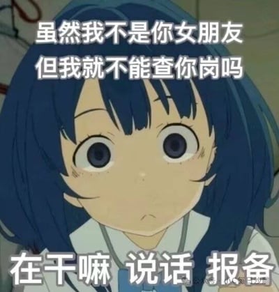 图片中是一位蓝发动漫女生，有着大大的圆眼睛，表情严肃中带着一丝困惑，直视前方。图片上方配有文字“虽然我不是你女朋友 但我就不能查你岗吗”，下方文字为“在干嘛 说话 报备”。整体营造出一种朋友或暧昧对象间俏皮质问“查岗”的场景，常用于社交媒体中调侃亲密关系中的监督行为。