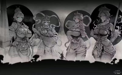 这是一幅对《西游记》经典角色进行二次创作的插画，画面中原本的男性四大天王被女性化性转，身形巨大且身着华丽精致的中式铠甲，分别持伞、抱琵琶、握蛇、持剑矗立在云雾中；下方是身形渺小、持金箍棒的孙悟空，形成强烈的视觉反差。整体采用黑白灰为主的色调，仅天王们的眼睛带有不同颜色的高光，风格独特，充满冲击力，将经典神话角色进行了趣味化的改编。