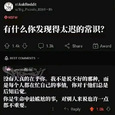 这是一张经过中文翻译的Reddit社区r/AskReddit板块的社交媒体截图，楼主用户u/Big_Piccolo_8369发起了一个开放性问题：“有什么你发现得太迟的常识？”，该帖子带有NSFW标识，收获了1.4k点赞与1.3k条评论。在最佳评论区中，用户yesldofloss的评论获得了1.0k点赞，其内容分享了一个戳中很多人的社交常识：每个人的注意力都主要放在自己的生活上，并不会过度关注他人，那些让自己感到无比尴尬的时刻，在他人眼中往往是无关紧要的小事，这个认知能够帮助人们减轻不必要的社交焦虑，是一种很实用的生活感悟。