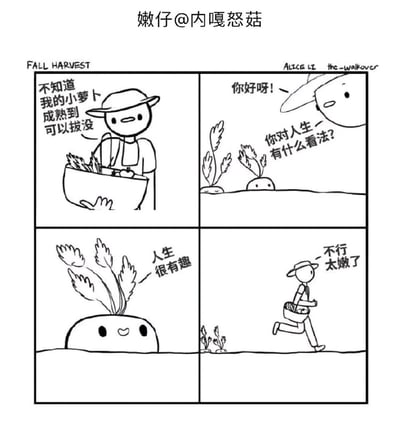 这是一则四格冷幽默黑白漫画，以秋季收获为背景展开故事：第一格中，农夫提着装有收获作物的篮子，面露疑惑，心里想着地里的小萝卜是否成熟到可以采摘；第二格，农夫走向地里的一颗大萝卜，主动搭话询问它对人生的看法；第三格，这颗大萝卜开心地露出地面，给出“人生很有趣”的乐观回答；第四格，农夫听完后做出“不行 太嫩了”的判断，提着篮子快步跑走，只留下地里的小萝卜。漫画用拟人化的手法，通过“对人生的看法是否成熟”来判定萝卜的成熟度，用这种巧妙的逻辑反差制造出冷幽默的效果，笑点在于将萝卜的生理成熟和对人生认知的“成熟”绑定在一起，乐观的态度反而成为了“太嫩”的证明。