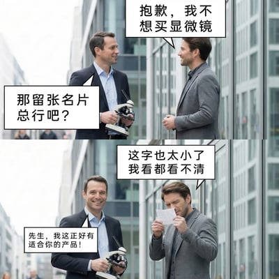 这是一张由上下两格组成的连环搞笑梗图，描绘了显微镜销售的巧妙推销套路。上半格中，客户微笑着拒绝了销售的显微镜推销，销售转而提出让客户留下名片；下半格中，客户拿到名片后发现上面的字太小，根本看不清，此时销售立刻露出得意的笑容，借机推销自己的显微镜产品，精准抓住客户的即时需求，形成了一个充满反转和趣味的营销闭环，用幽默的方式展现了销售的花式推销技巧。