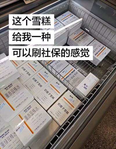 这是一张网友实拍的趣味梗图，画面展示了超市冷冻柜中陈列的ALDI（奥乐齐）品牌雪糕，包含重赤豆棒冰、奶提子雪糕、小雪人娃娃雪糕等多个品类。这些雪糕的外包装采用白底黑字的极简排版，文字布局、整体视觉风格和市面上常见的药品包装盒高度相似。图片上方叠加了三行白底黑字的配文：“这个雪糕 给我一种 可以刷社保的感觉”，用夸张的调侃吐槽该款雪糕的包装和药品过于相像，仿佛是可以在药房购买、用社保结算的药品，反差感十足充满搞笑趣味。