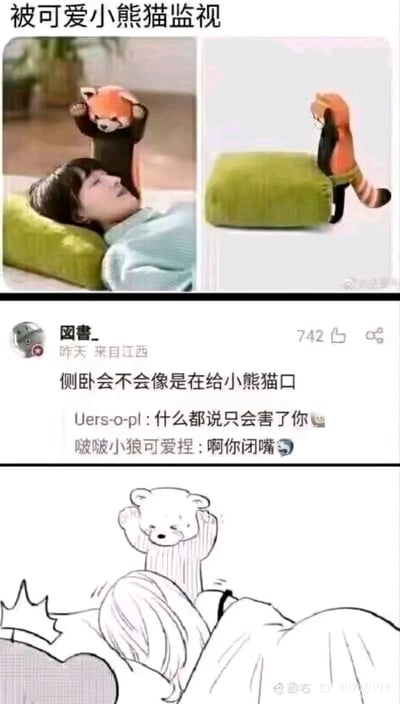 这是一组结合了商品展示、网友评论与卡通联想的搞笑内容。上方为左右对比图，左侧呈现一位侧卧在绿色枕头上的真人，头部上方有一个举起双手造型的小熊猫挂饰；右侧是该小熊猫挂饰单独放置在同款绿色枕头上的样子。中间是社交平台用户“圗書_”发布的评论，以低俗趣味的视觉错位联想调侃侧卧的姿势像在给小熊猫做不雅动作，下方配有两条其他用户的回复，分别吐槽其什么都敢说、让其闭嘴。最下方是一张卡通手绘，还原了这个错位联想的场景，进一步放大了这个低俗搞笑的梗，整体利用视觉错位制造出荒诞又搞笑的效果。