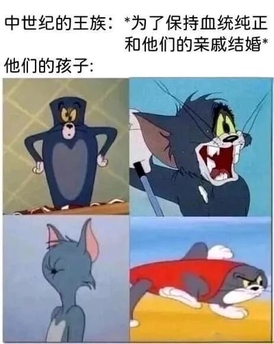 这张梗图以幽默方式调侃中世纪王族近亲结婚现象。上方文字点明主题：“中世纪的王族：*为了保持血统纯正和他们的亲戚结婚* 他们的孩子：”，下方四格均为《猫和老鼠》中汤姆猫的夸张形象——从呆滞叉腰、怒吼咆哮，到扭头不屑、气鼓鼓趴卧，用卡通角色的扭曲状态暗讽近亲结婚可能导致的不良后果，风格诙谐接地气。