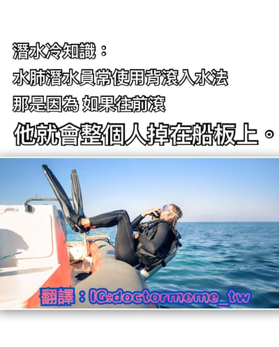 这是一张包含潜水知识的图文混排图片，上方是黑色文字说明潜水冷知识：水肺潜水员常使用背滚入水法，那是因为如果往前滚，他就会整个人掉在船板上。下方是一张真实照片，显示一名穿着黑色潜水服、戴着潜水面镜和脚蹼的潜水员正坐在船边，准备进行背滚入水动作，背景是蓝色的海洋和天空。