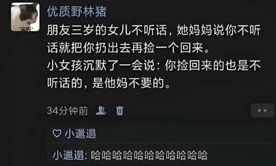 社交媒体聊天截图，用户“优质野林猪”分享了一个趣事：朋友三岁的女儿不听话，妈妈威胁要把她扔出去再捡一个，女儿沉默后机智回复“你捡回来的也是不听话的，是他妈不要的”。下方有用户“小邋遢”的评论“哈哈哈哈哈哈哈哈哈哈”，展现了孩童天真又逻辑清晰的神回复，充满幽默趣味。