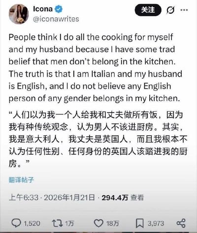 这是一张X（原推特）平台的用户帖子截图，用户Icona发文调侃：外界以为她包揽家中做饭事务是因为秉持“男人不该进厨房”的传统观念，实际原因是她身为意大利人，认为不管性别如何，英国人都不该进她的厨房，暗戳戳玩了“英国料理难吃”的地域刻板印象梗，帖子附带中文翻译，获得了294.4万查看量与大量互动，用反差感制造幽默效果。