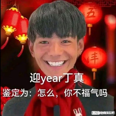 图片中人物戴着红色围巾，背景是挂满红色灯笼的喜庆场景，灯笼上有“五”“丰”等字样。人物面部表情为笑容满面，整体氛围充满节日气息。图中文字“迎year丁真”使用谐音梗，“year”谐音“年”，结合人物名字形成“迎接新年丁真”的趣味表达；“鉴定为：怎么，你不福气吗”中“福气”谐音“服气”，带有幽默调侃意味，营造轻松搞笑的新年祝福氛围。