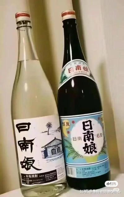 图片展示了两瓶并排放置的日南娘酒，左侧为透明玻璃瓶，内含浅色液体，标签上有黑色“日南娘”字样及插图（棕榈树、传统建筑）；右侧为深色玻璃瓶，内含深色液体，标签同样有“日南娘”字样及蓝色背景图案（棕榈叶、月亮等）。两瓶酒瓶盖均为红色，整体置于浅色背景前，标签上均标注“本格烧酎”字样。