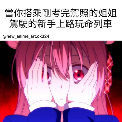 图片分为上下两部分，上方为黑色文字：“當你搭乘剛考完駕照的姐姐駕駛的新手上路玩命列車”及账号标识“@new_anime_art.ok324”；下方是动漫风格截图，粉色长发女孩双手捂住脸颊，红色瞳孔因惊恐而放大，背景呈暗红色调，整体营造出紧张又搞笑的氛围。通过女孩夸张的惊恐表情，幽默表现出乘坐刚拿到驾照的姐姐驾驶车辆时的“玩命”体验。