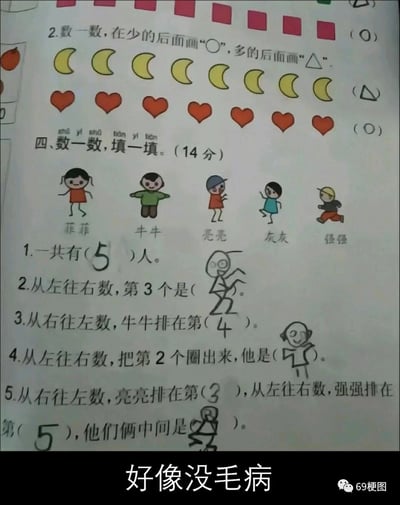 这是一张记录小学生数学作业的搞笑图片，包含两道大题，其中第二大题围绕菲菲、牛牛、亮亮、灰灰、强强5个卡通小朋友的位置设置题目。学生在回答需要填写人物名字的题目时，没有按要求书写名字，而是用手绘搞怪小人的方式作答，比如第2题“从左往右数，第3个是（）”、第4题“从左往右数，把第2个圈出来，他是（）”等题目都用手绘小人回应；其他填空类的数字题目学生填写了正确答案，比如一共有5人、从右往左数牛牛排在第4等。图片底部配文“好像没毛病”，右下角带有“69梗图”的水印，整体以幽默的方式呈现学生这种不走寻常路的作业回答，制造出荒诞又搞笑的效果。