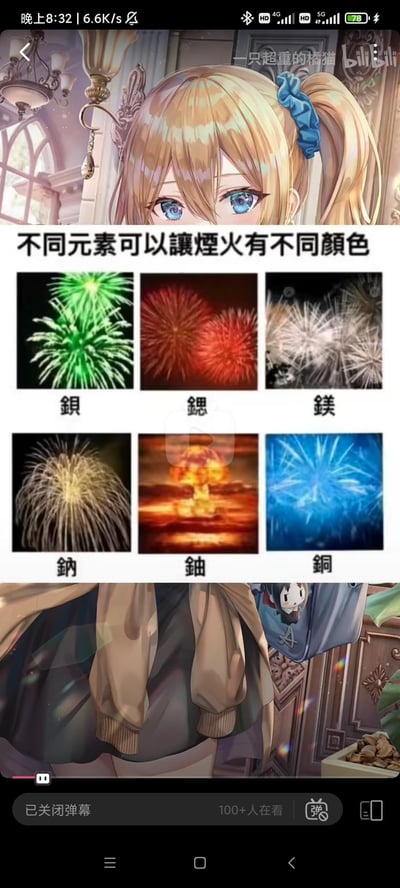 这是一张结合动漫角色与科普玩梗的图文混排图，上方是动漫《辉夜大小姐想让我告白》的角色早坂爱的同人插画；中间以“不同元素可以讓煙火有不同顏色”为标题，展示了六种元素对应的“烟火”效果：钡对应绿色烟火、锶对应红色烟火、镁对应白色烟火、钠对应金色烟火、铜对应蓝色烟火，而铀对应的却是核爆炸的蘑菇云图。这是一个搞笑脑洞玩梗，将核爆炸调侃为铀的“烟火”，与正常金属元素的焰色反应形成反差，制造出荒诞的笑点。