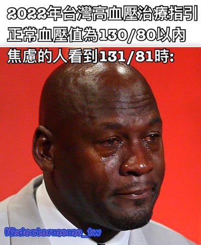 这张梗图结合了2022年台湾高血压治疗指引中正常血压值为130/80以内的医学标准，以及焦虑人群看到血压值略高于标准(131/81)时的夸张反应。图片使用了迈克尔·乔丹哭泣的经典表情包，幽默地表现了焦虑者对微小血压变化的过度担忧。