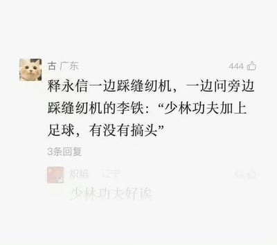 这张图是一段搞笑评论截图，调侃释永信和李铁，将“少林功夫”和“足球”巧妙结合在了缝纫机的场景中，讽刺意味浓厚。释永信是少林寺方丈，李铁是前国足主教练，出现在描写缝纫机情境中本就荒诞，加上“少林功夫加上足球，有没有搞头”则是一种幽默的反讽，让人忍俊不禁。这里“有没有搞头”是网络用语，有调侃和吐槽意味。

有轻微双关：缝纫机引申为“做假”（网络黑话：缝纫机和做局、假球等梗有关），足球和少林功夫结合是一种反差幽默。