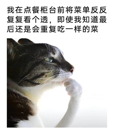 这是一张图文结合的趣味表情包，上方配有吐槽文字：“我在点餐柜台前将菜单反反复复看个透，即使我知道最后还是会重复吃一样的菜”，下方是一只狸花加白猫咪，它抬起白色的爪子放在嘴边，眼神放空，神态纠结，模仿人类思考的姿态。这张图精准捕捉了大众点餐时的矛盾心理：明明早已确定想吃的菜品，却忍不住反复翻看菜单，在无意义的纠结中消耗时间，用动物拟人化的趣味形式，引发观者对日常相似经历的共鸣，十分贴合生活中的真实场景。