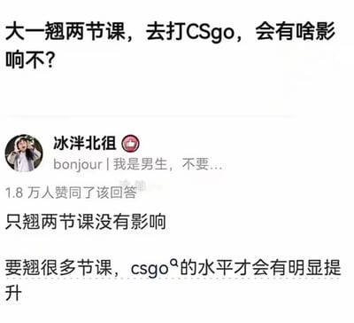 图片内容为社交媒体平台上的一个问答场景。上方是用户提出的问题：“大一翘两节课，去打CSgo，会有啥影响不？”，下方是用户“冰洋北徂”的回复，该回复获得了1.8万人赞同。回复内容幽默地表示“只翘两节课没有影响，要翘很多节课，csgo的水平才会有明显提升”，通过反讽的方式调侃了大学生逃课打游戏的行为。