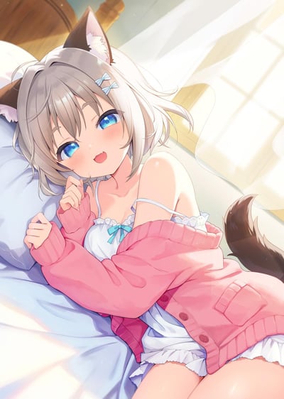 Anime-style illustration of a cute cat girl with gray hair, blue eyes, and cat ears lying in bed. She is wearing a pink cardigan over white lingerie with a blue bow. Sunlight streams through a window in the background, creating a warm atmosphere. The girl has a shy, content expression on her face as she rests her head on a pillow.